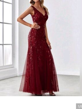 New XL (12) Glam Floral Leaf Sequin Mesh Maxi Mermaid Gown Dress Burgundy Red